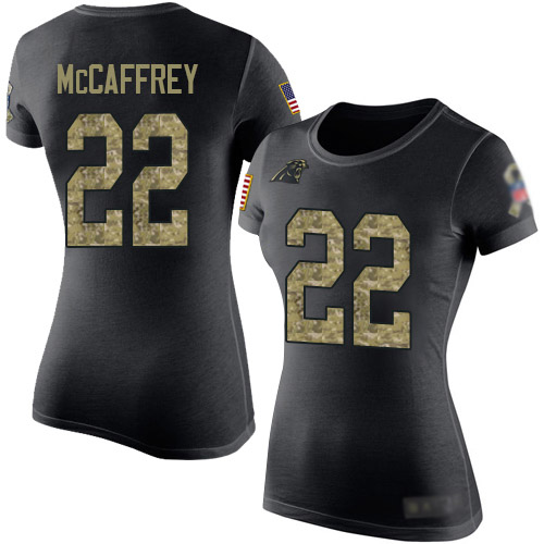 Carolina Panthers Black Camo Women Christian McCaffrey Salute to Service NFL Football #22 T Shirt